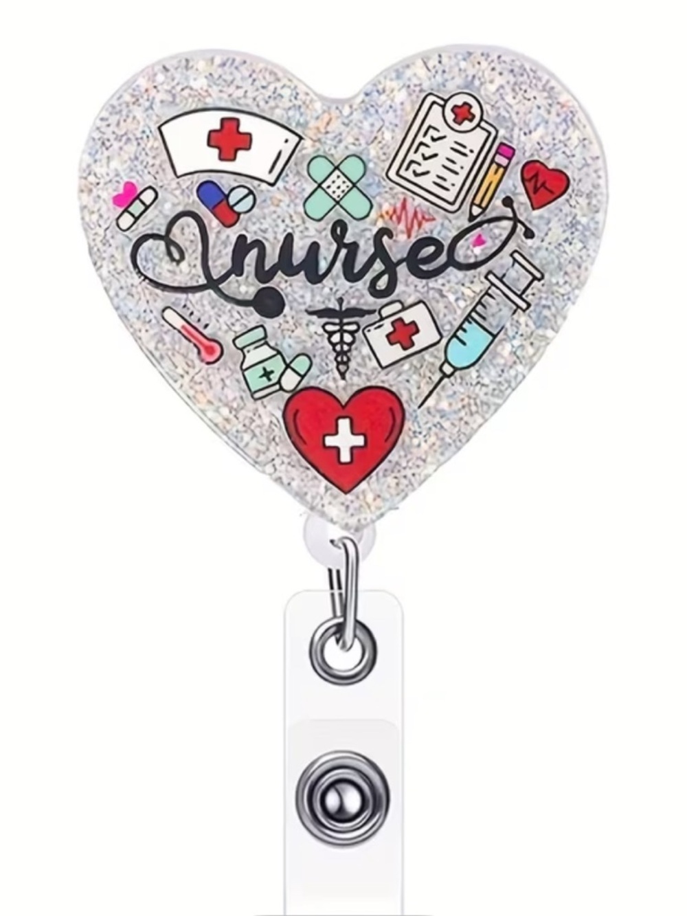 Heart Nurse Badge Reel with Medical Icon Art - Glitter White